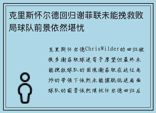 克里斯怀尔德回归谢菲联未能挽救败局球队前景依然堪忧